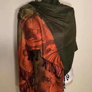 Pashmina - Beautiful Deep Green and Orange - Never Used